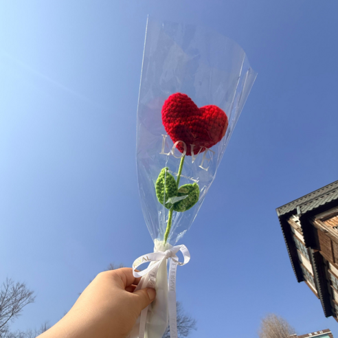 뚱보 하트 뜨개 꽃 한송이 완제품 기념일 선물, 1개, 레드 하트뜨개꽃