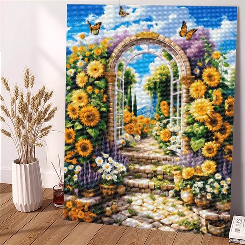 wonderful live 보석십자수 대형 DIY 키트 캔버스형 액자 풍경 인물 해바라기 꽃식물 부엉이 40 x 50 cm, 1개, 해바라기 정원
