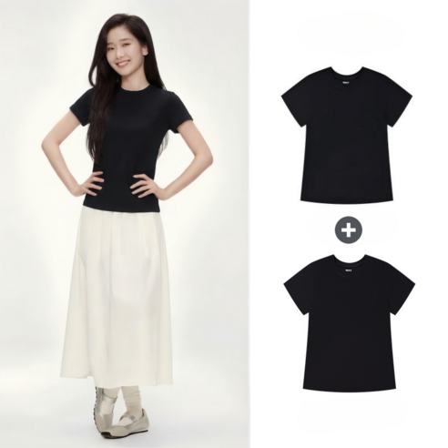 1+1 여성용 데일리 라운드넥 크롭 반팔 티셔츠 2P 베이잉