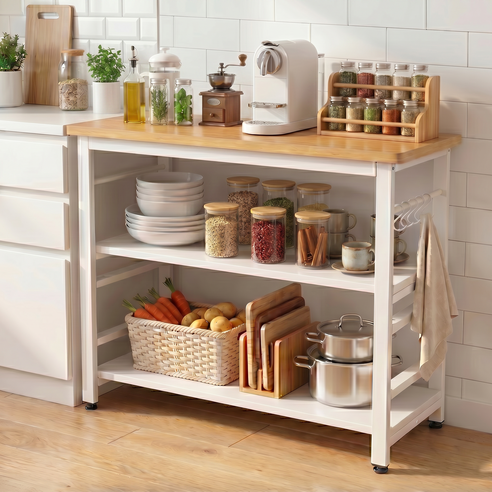 HOMEY NEST 철제 3단 수납장 최대 하중 350kg 거실 주방 다용도 조리대 겸용 보조 테이블 HZMBTC02, 화이트
