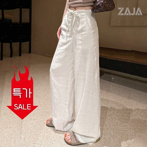 ZAJA 여성 린넨 와이드 팬츠 여름 하이웨스트 루즈핏 밴딩 냉감쿨 데일리룩 - 바지