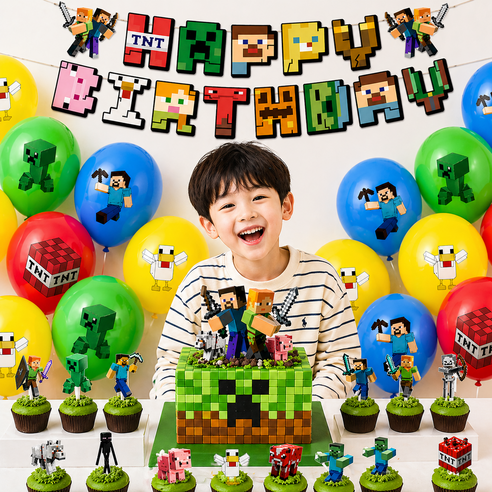 마인크래프트 게임 캐릭터 가랜드 풍선세트 게임테마 생일파티세트 케이크토퍼 생일장식, 1개, 풀세트