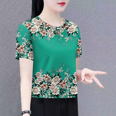 VVRR 여성 반팔 티셔츠 중장년 플라워 프린트 라운드 넥 반팔 Z0041014