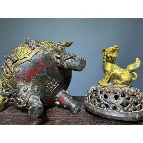 通天寶】鎏金銅雕【獅鈕雙耳三足爐】獅蓋龍耳瑞獸爐足三足鼎立招財納福