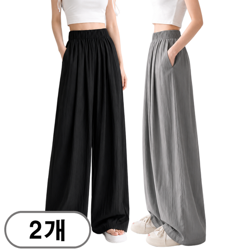 차쿠 1+1 여성 여름 냉감 와이드팬츠 여름 찰랑 스판 밴딩 통바지 체형커버