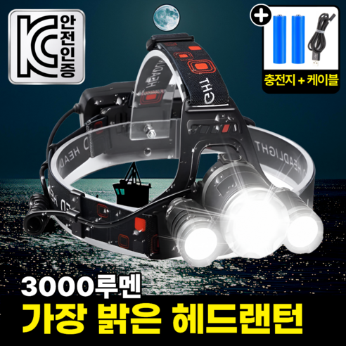 모에룬 최강밝기 LED 헤드랜턴 충전식 안전모 낚시 해루질, 1개, 3구