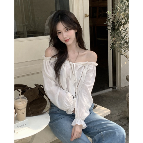 J2 STYLE 오프숄더 레이스 루즈핏 블라우스