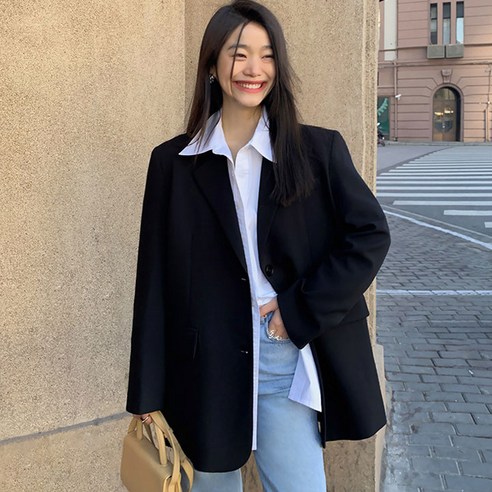 [슈앤샵 자체제작/핏보장]사선 뒷트임 세미자켓 여성 오버핏 그레이 자켓 테일러드 루즈핏 싱글 간절기 데일리 자켓