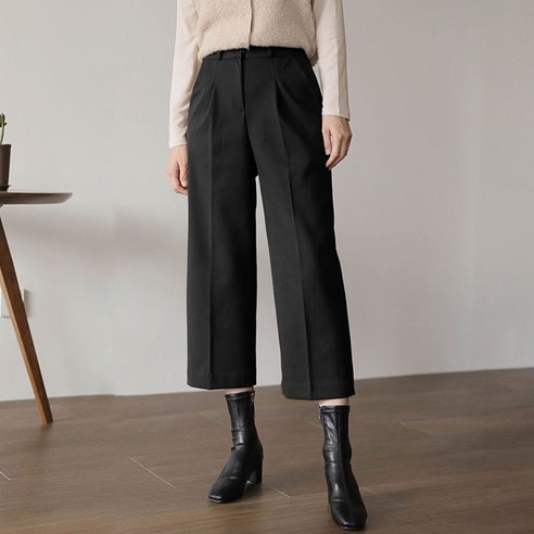그레힙 여성 겨울 슬랙스 8부 기모 모직 통바지 와이드 팬츠 뒷밴딩 바지