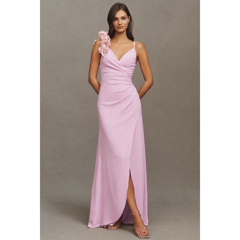 dress the population camelia ruffle-shoulder v-neck stretch crepe maxi dress Camelia Gown  Dress the Population