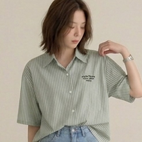 오브나인 스트라이프 레터링 자수 루즈핏 반팔 셔츠 카라 남방 (2color)