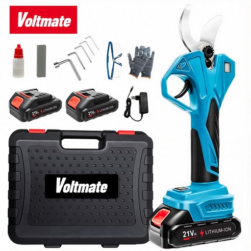 VoltMate 최신형무선 21V BLDC전지가위 전동가위 30mm LED전원디스플+회수기록+리튬전지 2개+날숫돌+하역공구주유병+어댑터+장갑+보호안경+공구박스풀세트+AS 5년, 1세트