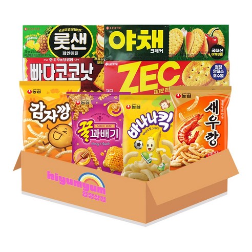 인기과자 8종 세트 (빠다코코낫+롯데샌드 파인애플 +야채크래커+제크+새우깡+꿀꽈배기+바나나킥+감자깡) 총 539g, 1세트, 롯데농심과자8종