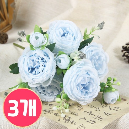 마벨인홈 로맨스 장미 조화 플라워 인테리어 꽃 장식 3P, 1개, 블루