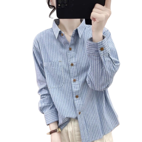 Makone 여성 면마 스트라이프 루즈핏 긴팔 셔츠 남방