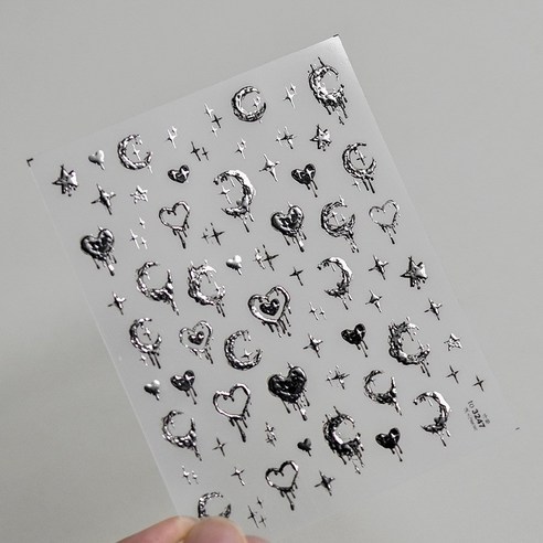 달빛사랑 엠보 메탈 실버 네일스티커 문스타 하트 힙 믹스, 8x10.3cm, 메탈실버 네일스티커, 1개
