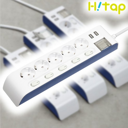 현대일렉트릭 하이탭 5구 개별스위치+USB 멀티탭 2800W 국내생산, 1개, 화이트+네이비, 1.5m