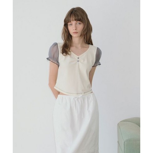 시눈 sinoon Ribbon Shirring Puff T-Shirt (Cream)