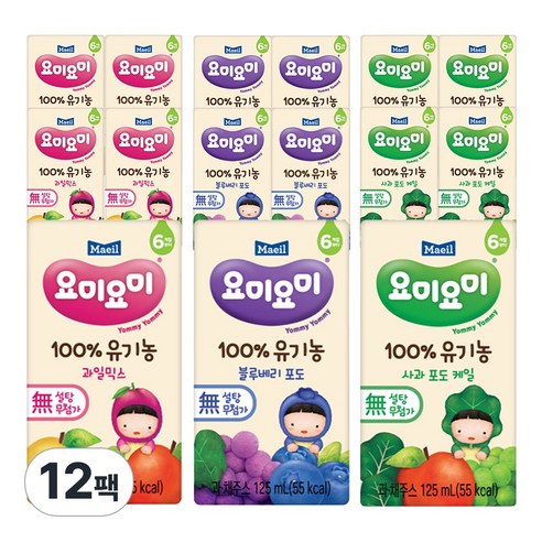 요미요미 유기농 주스 과일 신제품 3종 각4팩(과일믹스+블루베리포드+사과포도케일), 12개, 125ml