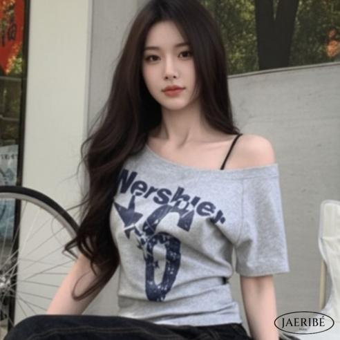쩨리베 여성 원숄더 슬림핏 스판 반팔 티셔츠 Y2K 빈티지 2color