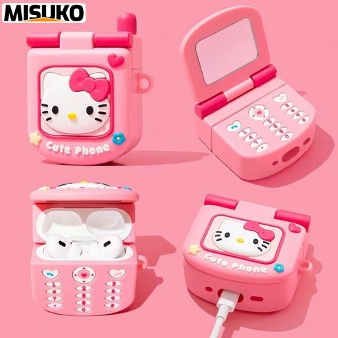Misuko Hello Kitty 에어팟 거울 케이스 핑크 귀여운 캐릭터 미러 커버 학생 여성용 선물 블루투스 이어폰 보호 케이스