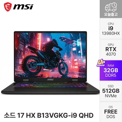 MSI 소드 17 HX B13VGKG i9 게이밍 노트북 QHD 240Hz RTX4070 고성능 대화면 17인치, 소드 17 HX B13VGKG-i9 QHD, Free DOS, 32GB, 512GB, 블랙