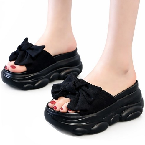 차쿠 통굽 슬리퍼 키높이 리본 굽있는 플랫폼 여자 여름 발편한 푹신한 쿠션 (8cm) B004