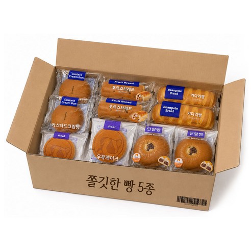 쫄깃한빵 5종(단팥빵/카스타드/우유케이크/키다리크림빵/후르츠브레드) 각2봉씩 총10봉, 1세트, 920g
