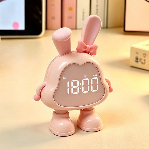 CABULE 토끼 캐릭터 알람시계 LED 디지털 탁상시계 타이머, 분홍색