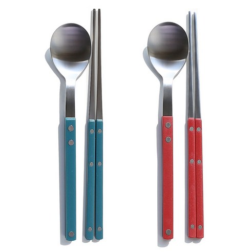 보겐 국산 New 쌍띠에 스텐 한식 수저 세트 실버, 아쿠아+카민레드, 1개, 숟가락+젓가락