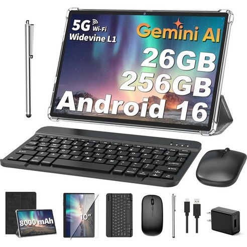 2026년 안드로이드 6 태블릿 키보드 제미니 AI 0인치 26GB+256GB+2TB 확장 8코어 5G WiFi 8000mAh GPS 2in PC 케이스 마우스 스타일러스블랙 포함, Black, Black