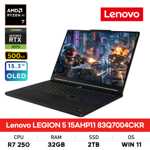 레노버 2026 리전5 15AHP11 라이젠7 라이젠 200 시리즈 지포스 RTX 5070, 83Q7004CKR, WIN11 Home, 32GB, 2TB, Eclipse Black