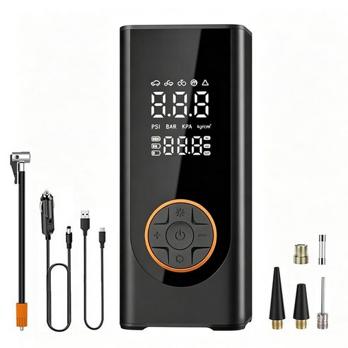 PCMOS 휴대용 무선 에어펌프 6000mAh 보조배터리 LED손전등 자동차 자전거 오토바이 구기류 다용도 공기주입기, 블랙, 1개