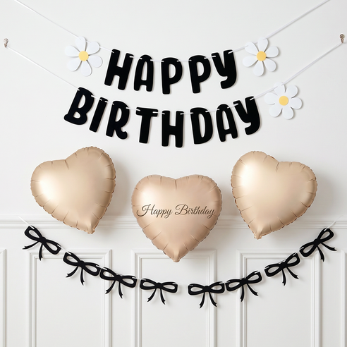 연지마켓 생일가랜드+리본가랜드+하트풍선, 1세트, 펠드 데이지 블랙 세트