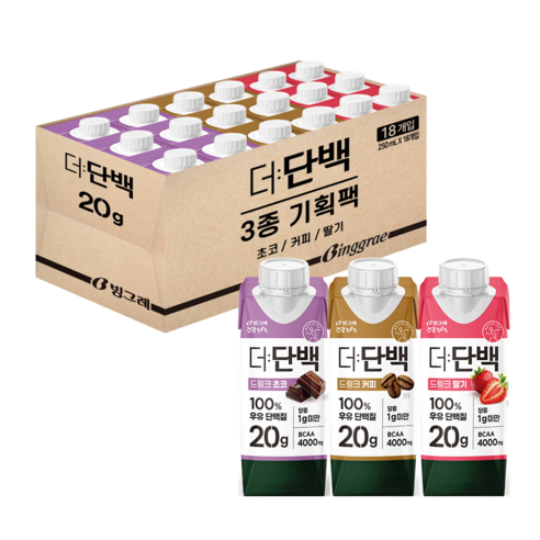 빙그레 더단백 드링크 프로틴음료 3종 혼합(초코6+커피6+딸기6) 총 18개