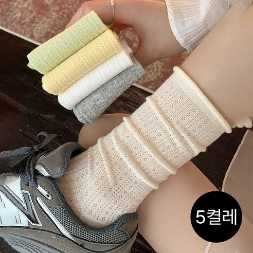 YAMA 여성 순색 무압박 양말 여성 통기 메쉬 양말 여성 여름 양말 여성 중목 양말 5족 세트