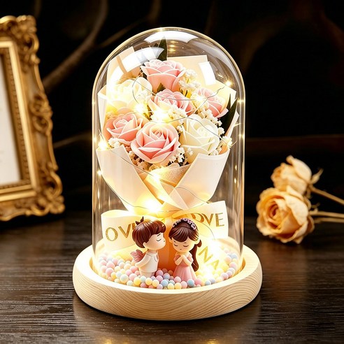 프리저브드 플라워 유리돔 무드등 꽃다발 커플 인형 여자친구 여성 아내 생일 선물, 1개, 핑크+화이트 장미 무드등