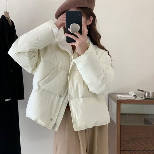 오스틱니 초특가 여성용 겨울 루즈핏 방한 방풍 두툼한 단색 무지 버튼 디자인 경량패딩