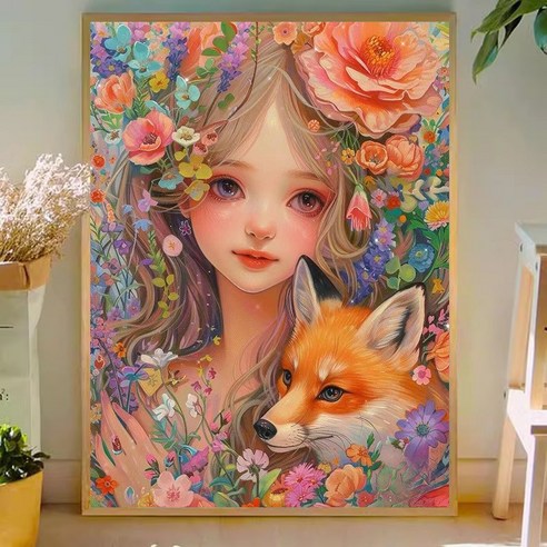 심스타 실십자수 여우와 소녀 다름다운 꽃 도안 세트 풀 패키지 diy, 1개, 85x65cm 면사 4가닥자수