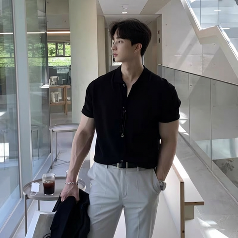 ANYOU 남성 카라 니트 반팔 셔츠 오버핏 캐주얼 데일리 남방