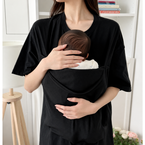 벨라마마 엄마 아빠 메쉬 캥거루포켓티셔츠 등센서 꿀잠템 육아템, 블랙 반팔