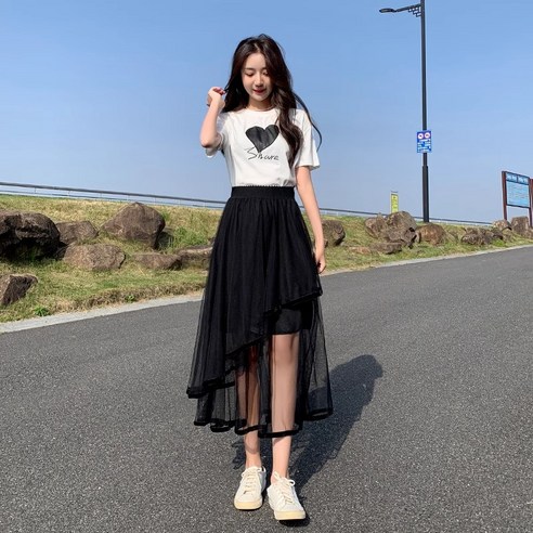 YioYcc 밴딩 A라인 언밸런스 치맛자락 루즈핏 롱스커트