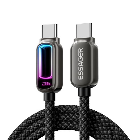 ESSAGER 디스플레이 C-C타입 240W 5A E-Marker 칩 고속 충전 케이블, 블랙, 2m