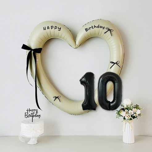 연지마켓 생일 하트프레임풍선 블랙 숫자 생일파티 용품 세트 (자유레터링), 1세트, 크림하트 숫자 10