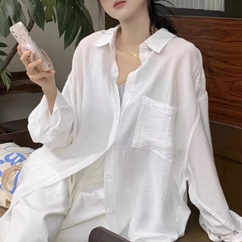 쪼예 자외선차단 린넨 쿨링 주름 박시핏 긴팔 셔츠