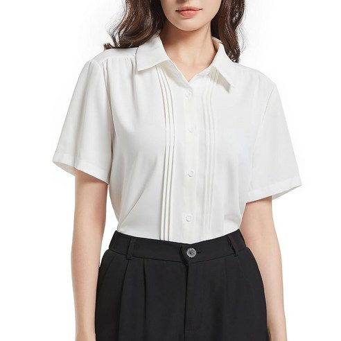 YAMANMAN 여성 반팔 블라우스 셔링 블라우스 루즈핏 우아한 출근룩 셔츠 상의