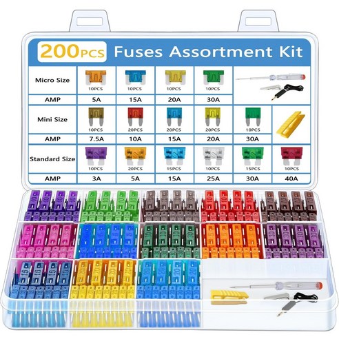 200PCS 자동차 퓨즈 구색 키트 40 마이크로 80 미니 80 표준 블레이드 퓨즈와 회로 테스터 펜 및 풀러 - 자동차 RV 트럭 보트용 교체용 자동차 수리 퓨즈, 1박스, 혼색