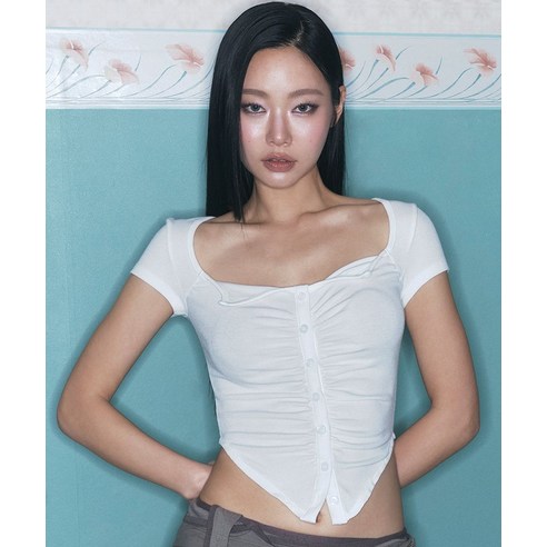 [플리즈노팔로우] Kaya Button Shirring Short Sleeve Top (Ivory)