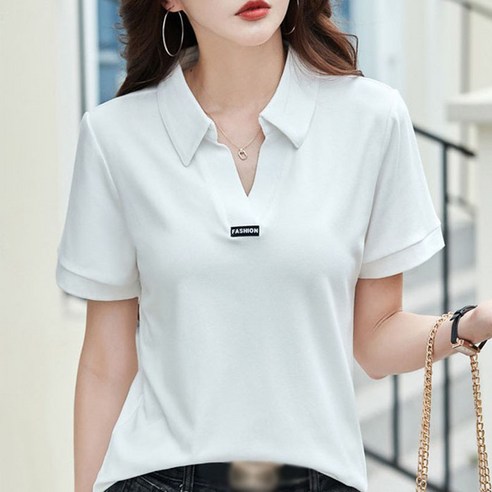 여성용 여름 골프 심플 캐주얼 카라 브이넥 반팔 티셔츠 여성 반소매 무지 반팔티 면 카라티 오버핏 티셔츠 5color