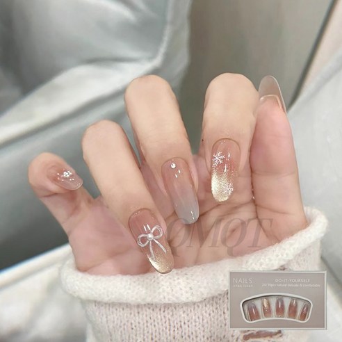 QMQT 여성 자석젤 롱 네일팁 컬렉션 러블리 인조손톱, 1개, 누드 스노우플라워